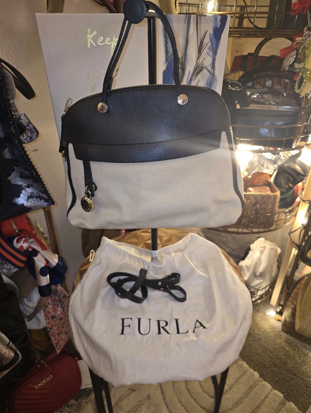 Furla Piper Satchel In Black and Cream NWOT